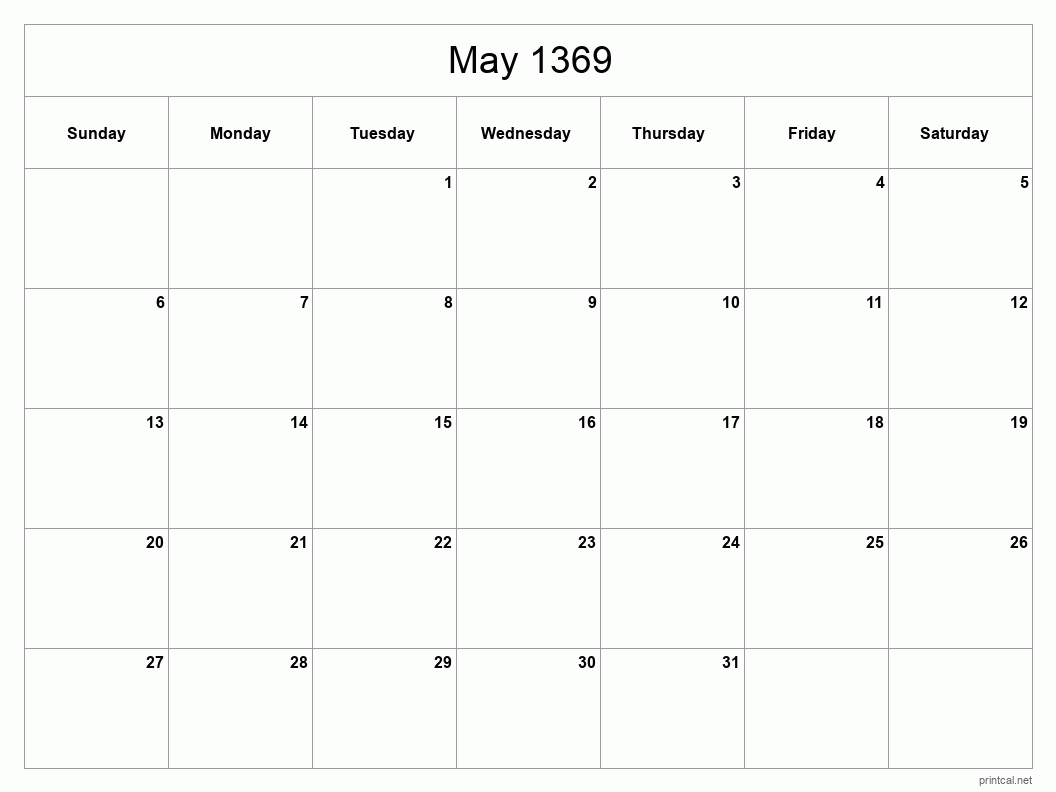 May 1369 Printable Calendar - Classic Blank Sheet