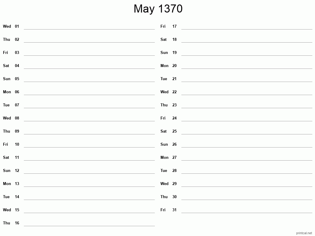 May 1370 Printable Calendar - Two Column Notesheet