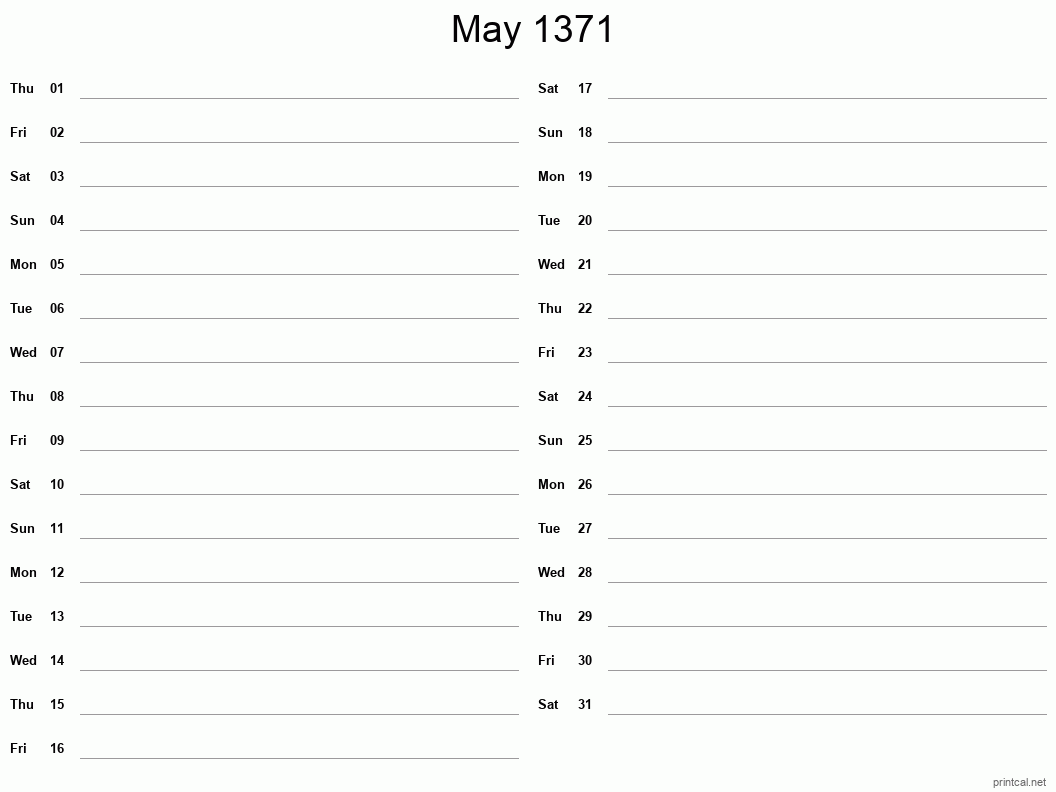 May 1371 Printable Calendar - Two Column Notesheet