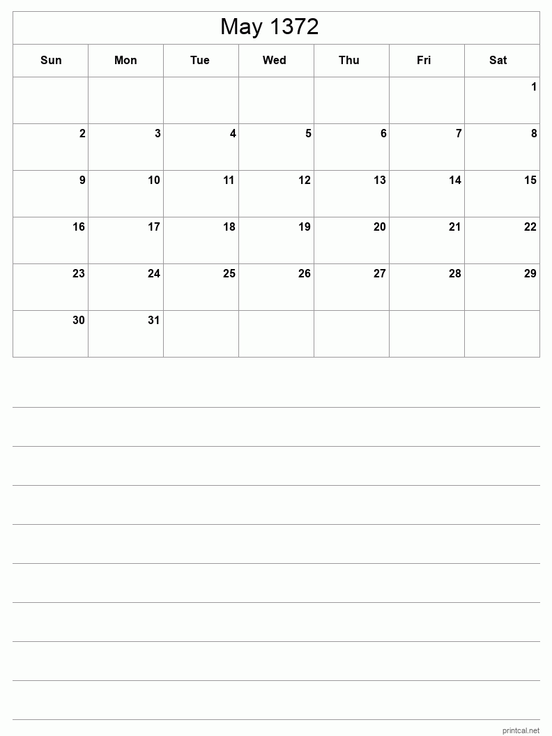 May 1372 Printable Calendar - Half-Page With Notesheet