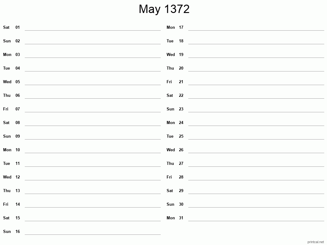 May 1372 Printable Calendar - Two Column Notesheet