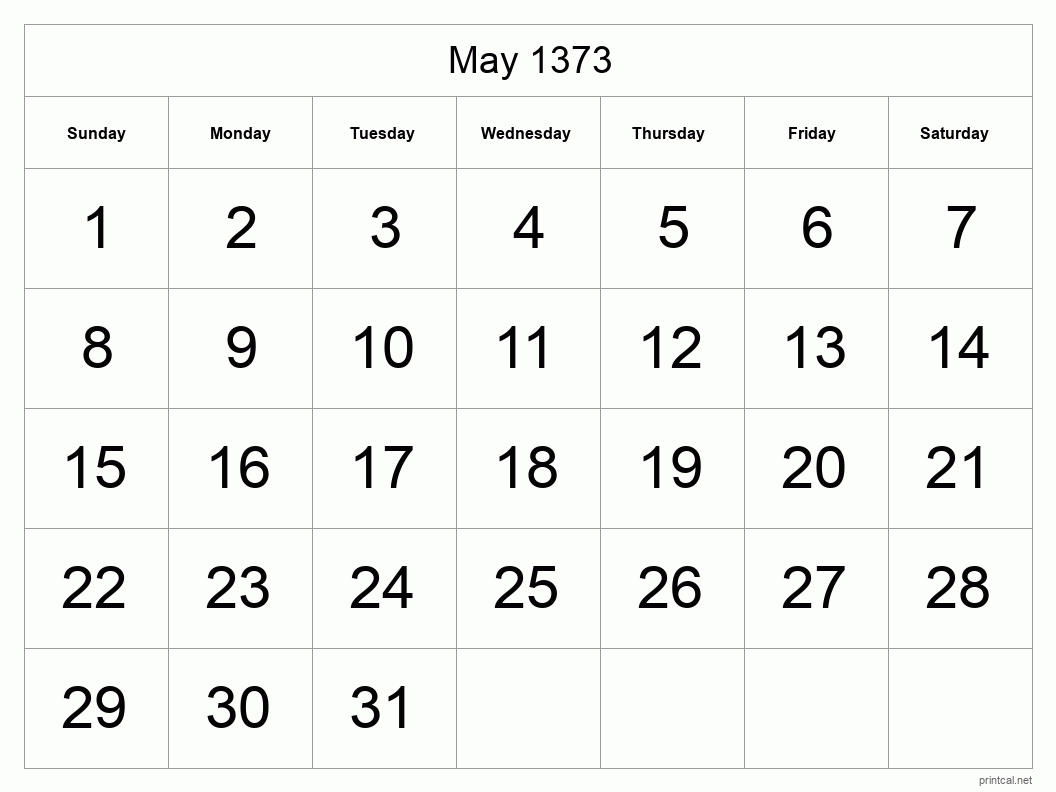 May 1373 Printable Calendar - Big Dates