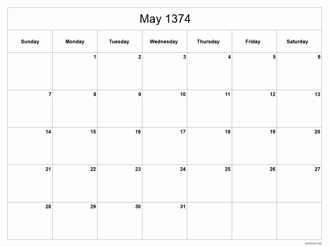 May 1374 Printable Calendar - Classic Blank Sheet
