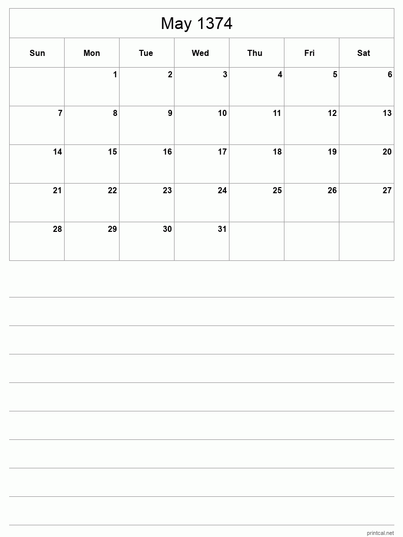 May 1374 Printable Calendar - Half-Page With Notesheet