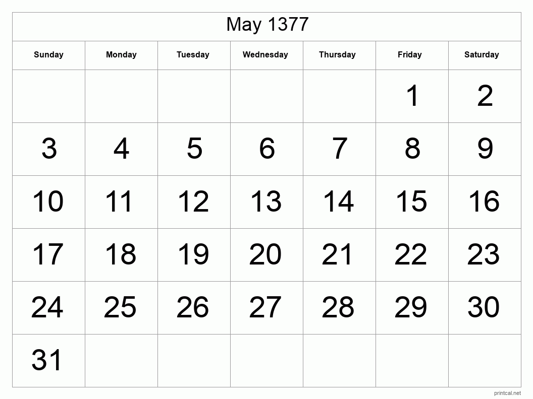 May 1377 Printable Calendar - Big Dates