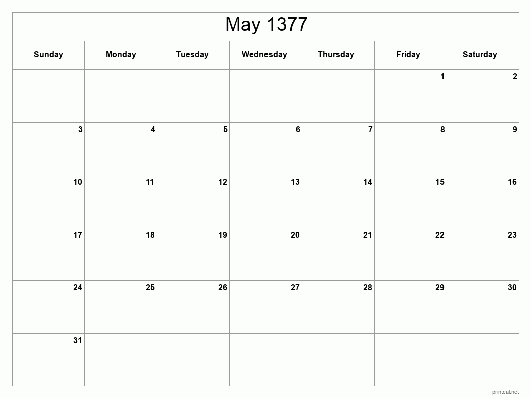 May 1377 Printable Calendar - Classic Blank Sheet