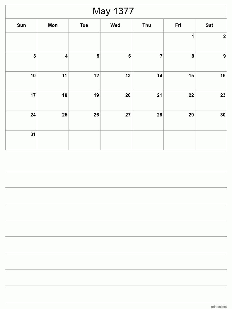 May 1377 Printable Calendar - Half-Page With Notesheet