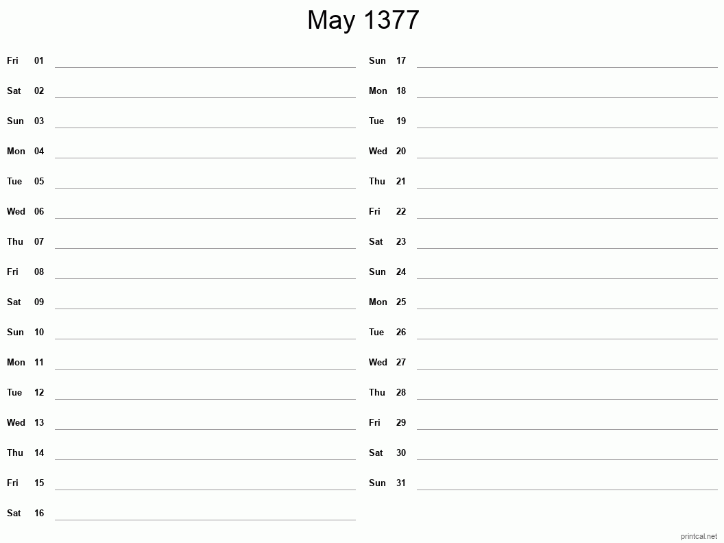 May 1377 Printable Calendar - Two Column Notesheet