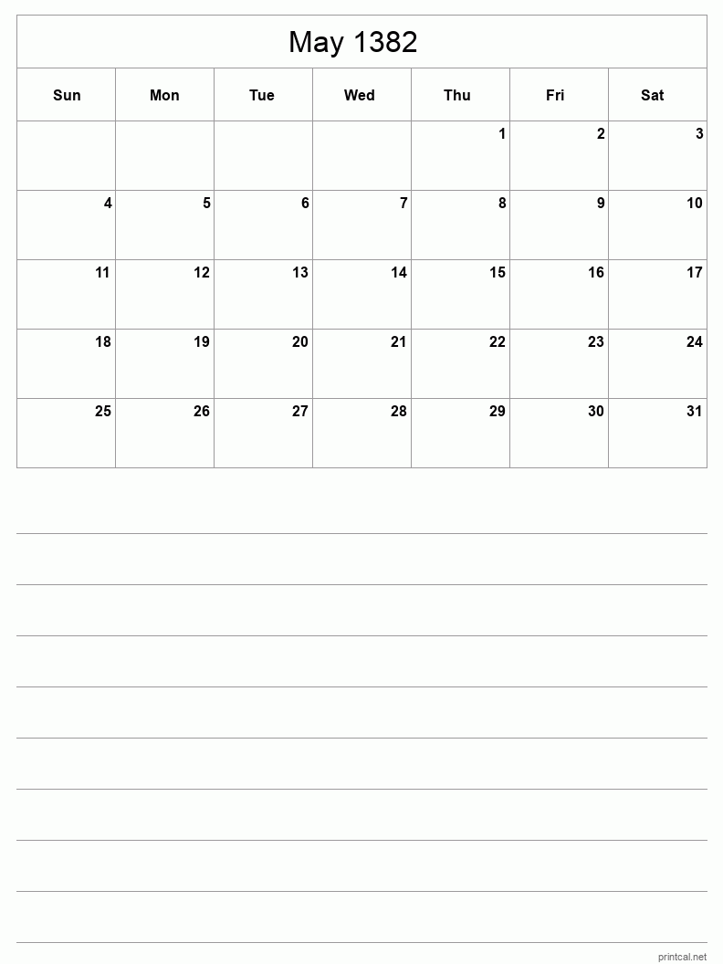 May 1382 Printable Calendar - Half-Page With Notesheet