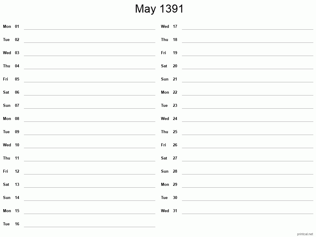May 1391 Printable Calendar - Two Column Notesheet
