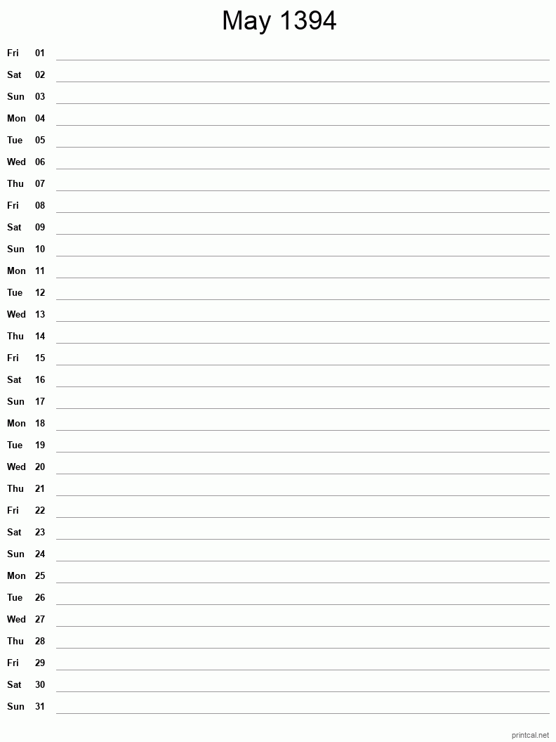 May 1394 Printable Calendar - Single Column Notesheet