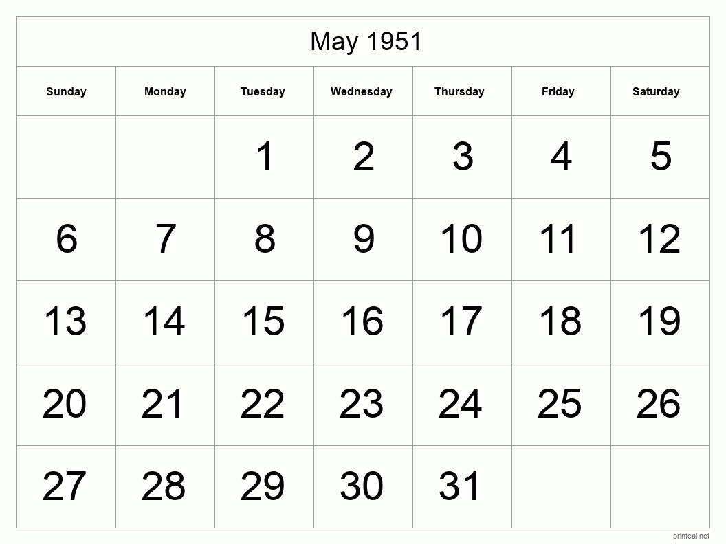 May 1951 Printable Calendar - Big Dates