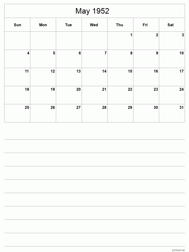 May 1952 Printable Calendar - Half-Page With Notesheet