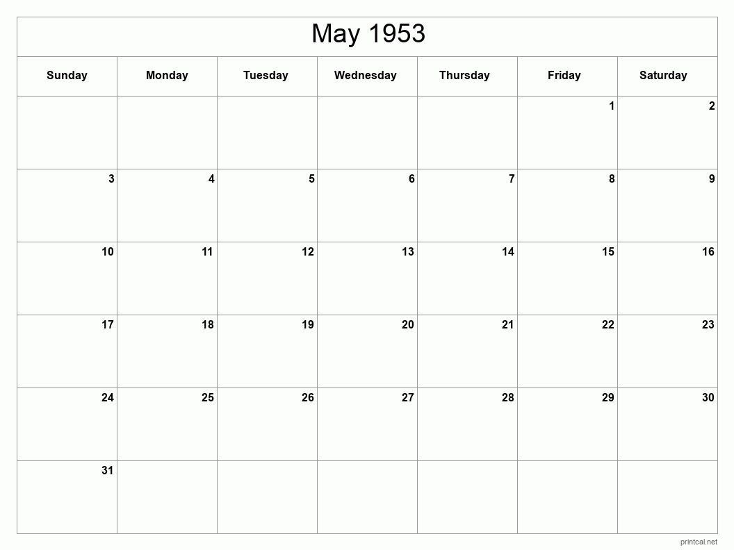 May 1953 Printable Calendar - Classic Blank Sheet