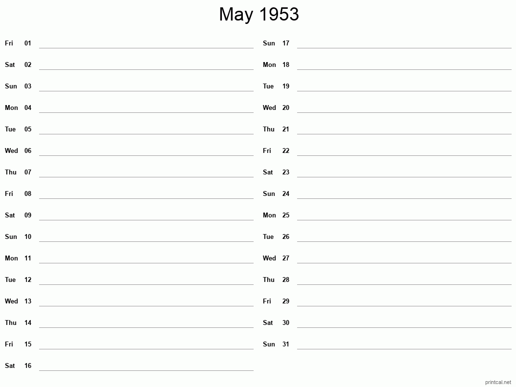 May 1953 Printable Calendar - Two Column Notesheet