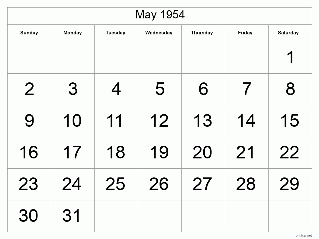 May 1954 Printable Calendar - Big Dates