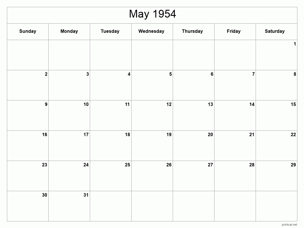 May 1954 Printable Calendar - Classic Blank Sheet