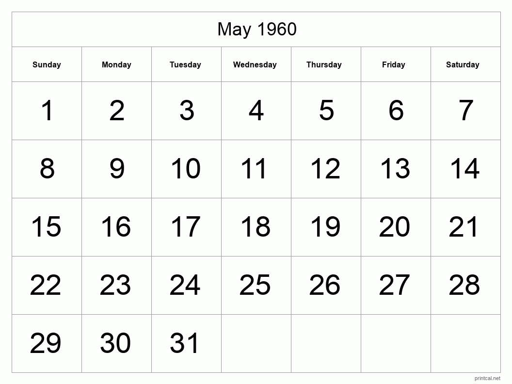 May 1960 Printable Calendar - Big Dates