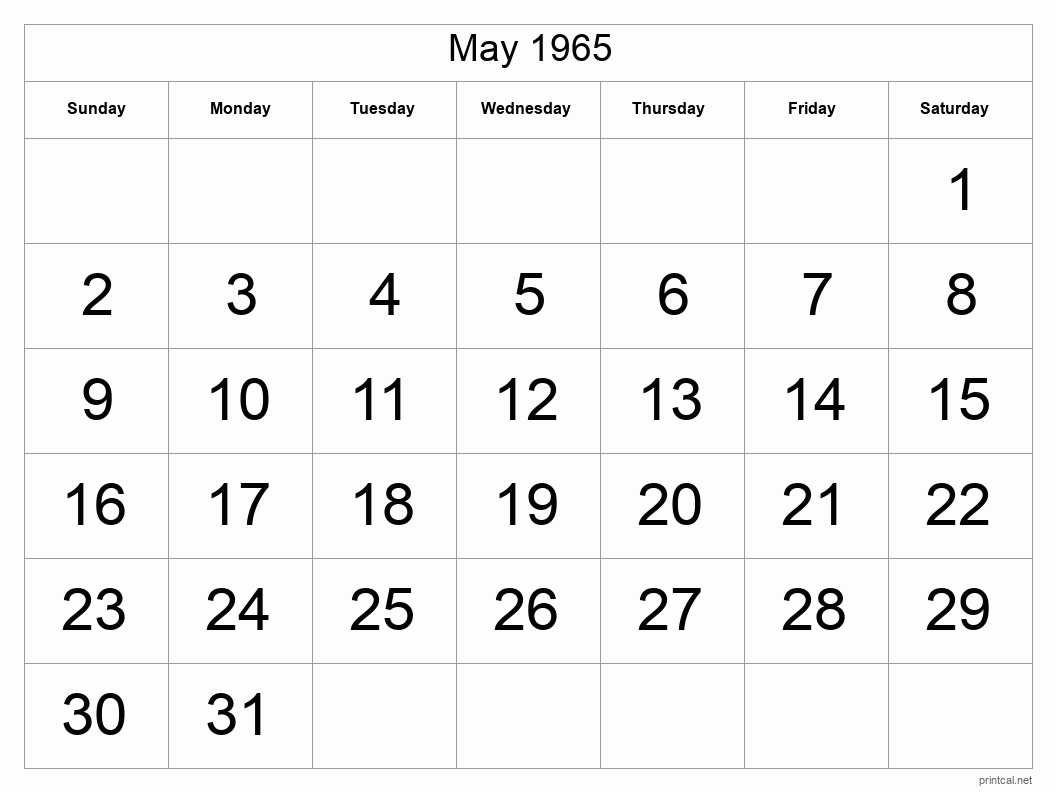 May 1965 Printable Calendar - Big Dates