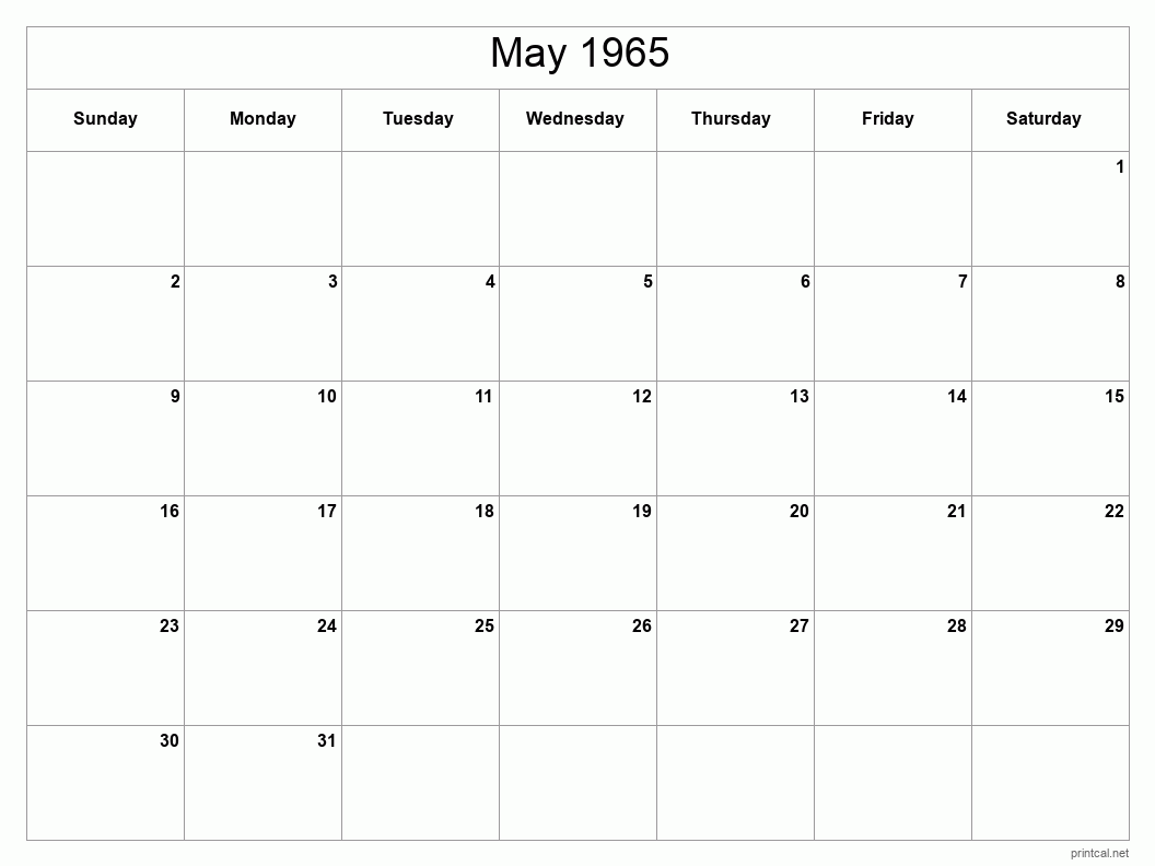 May 1965 Printable Calendar - Classic Blank Sheet