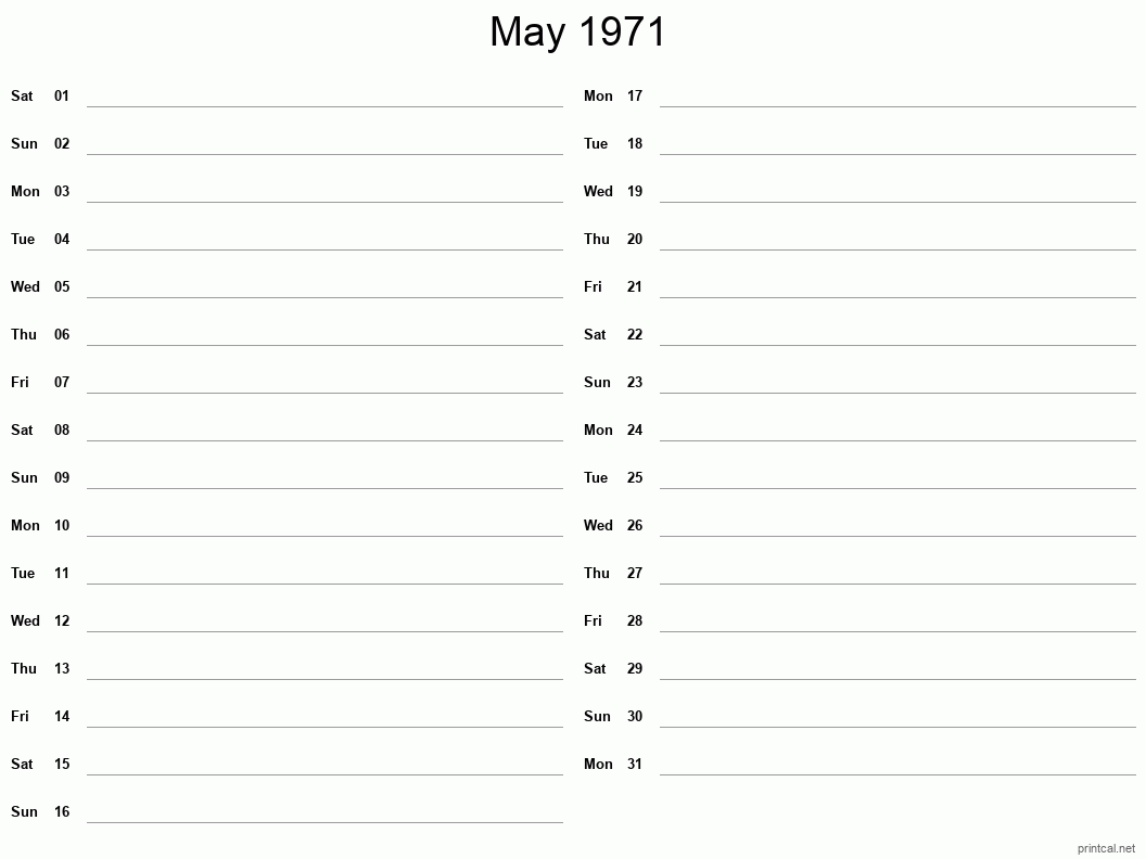 May 1971 Printable Calendar - Two Column Notesheet