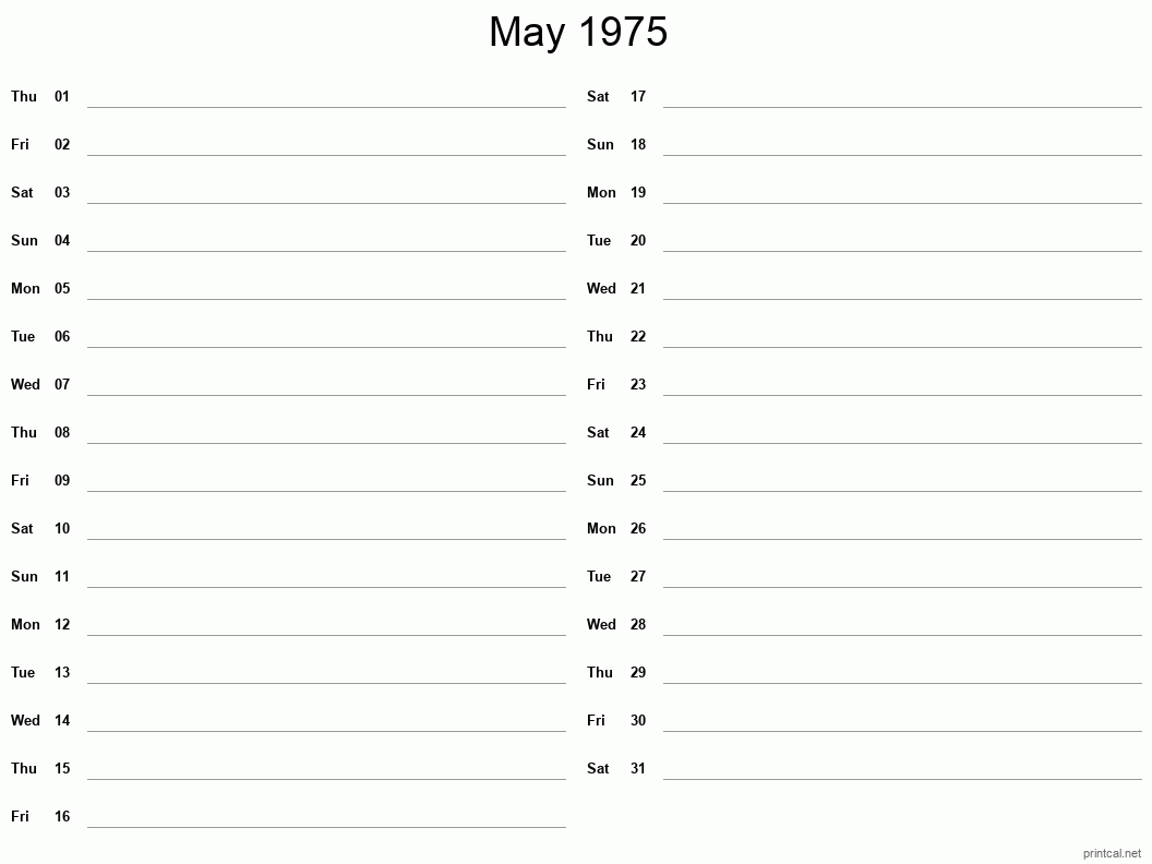 May 1975 Printable Calendar - Two Column Notesheet