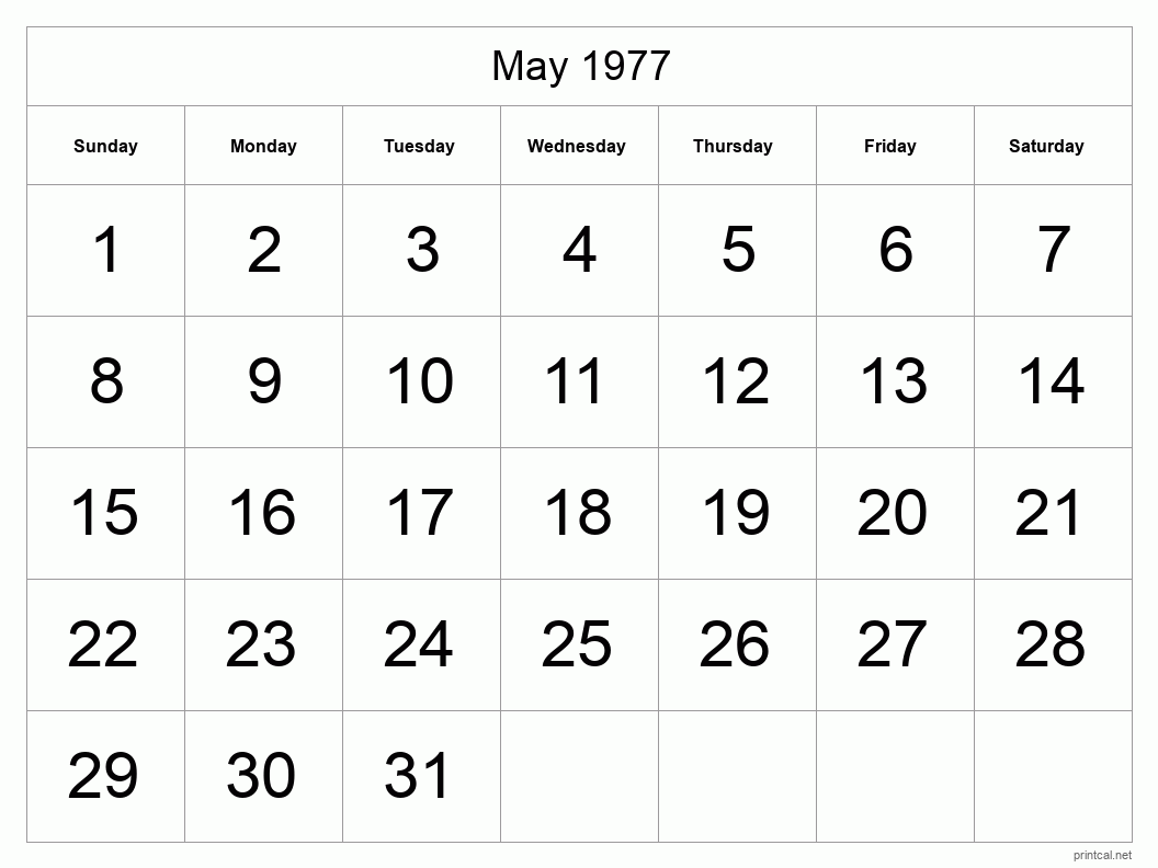 May 1977 Printable Calendar - Big Dates