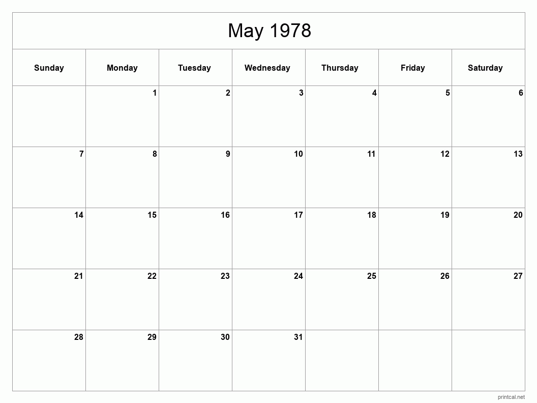 May 1978 Printable Calendar - Classic Blank Sheet