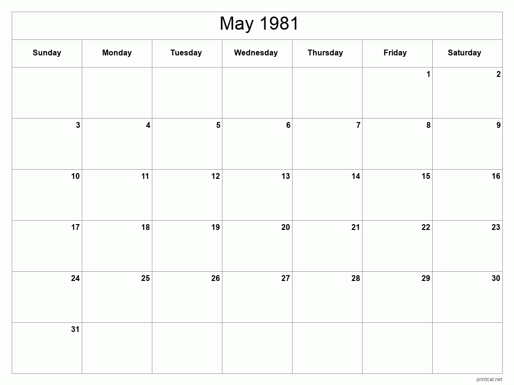 May 1981 Printable Calendar - Classic Blank Sheet