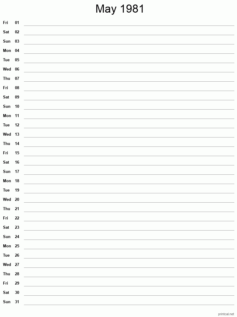 May 1981 Printable Calendar - Single Column Notesheet