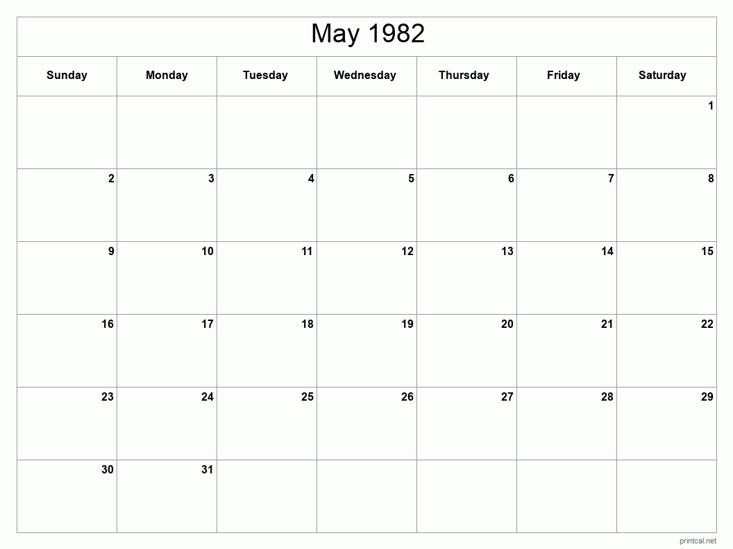 May 1982 Printable Calendar - Classic Blank Sheet