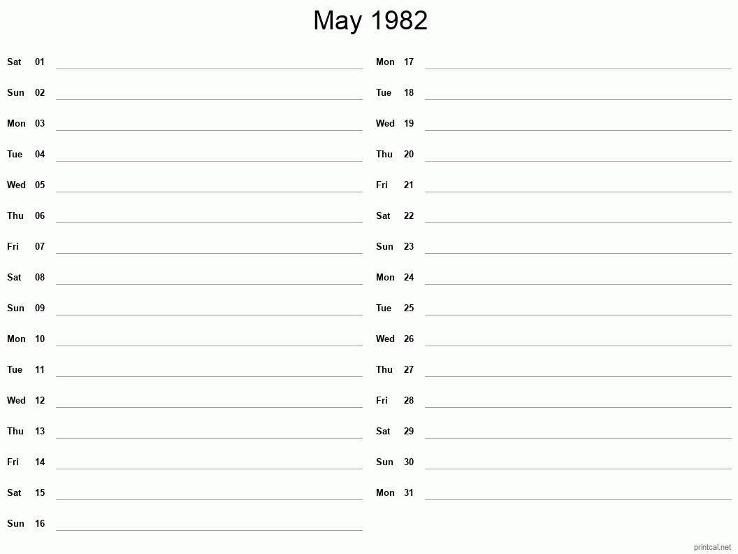 May 1982 Printable Calendar - Two Column Notesheet