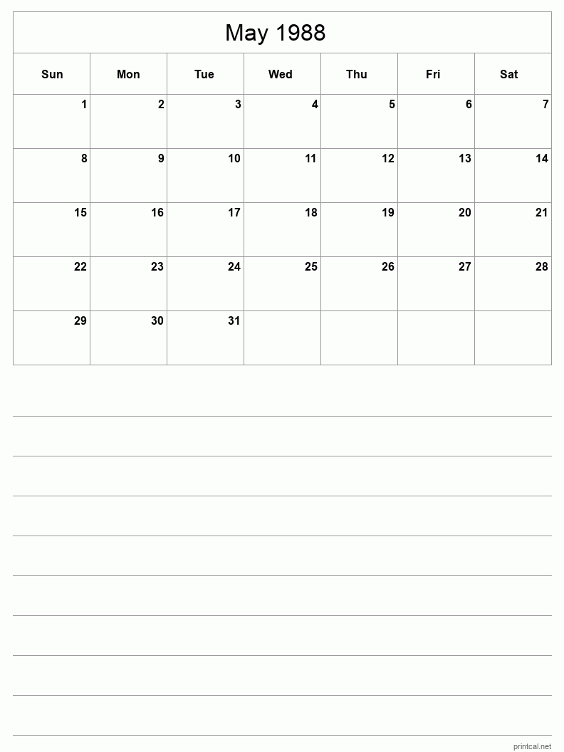 May 1988 Printable Calendar - Half-Page With Notesheet