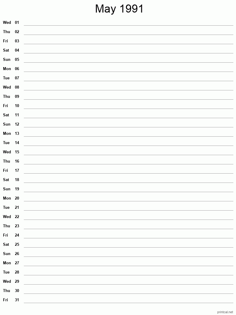 May 1991 Printable Calendar - Single Column Notesheet