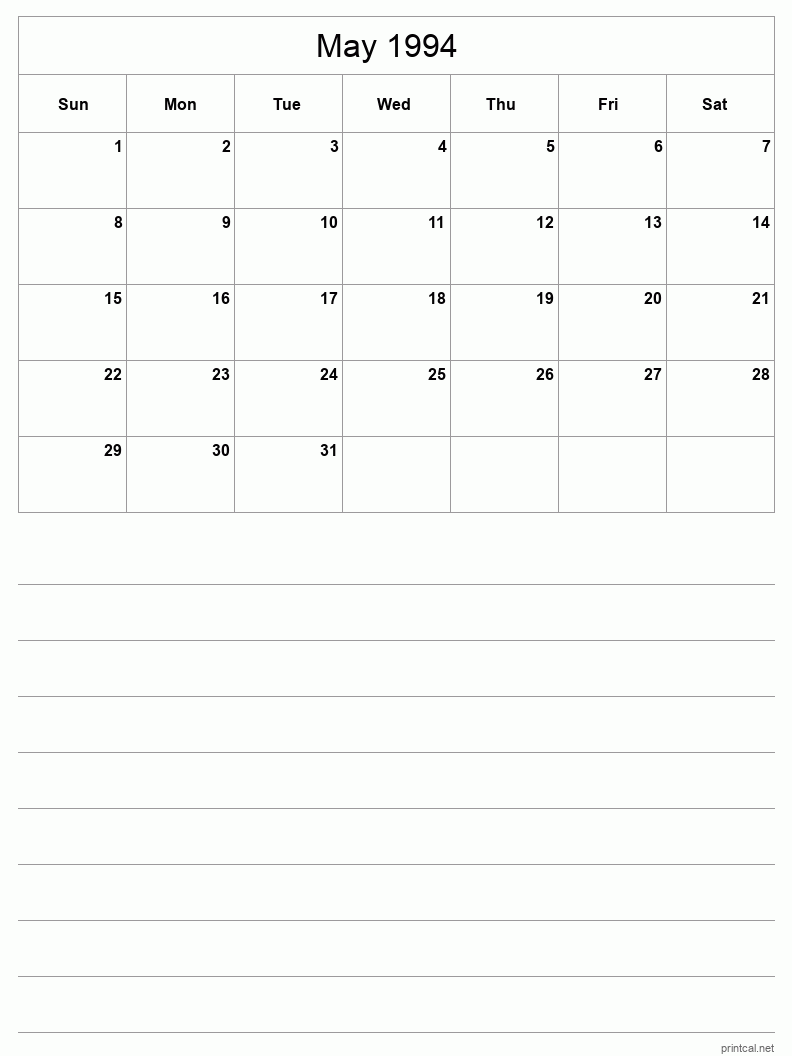 May 1994 Printable Calendar - Half-Page With Notesheet