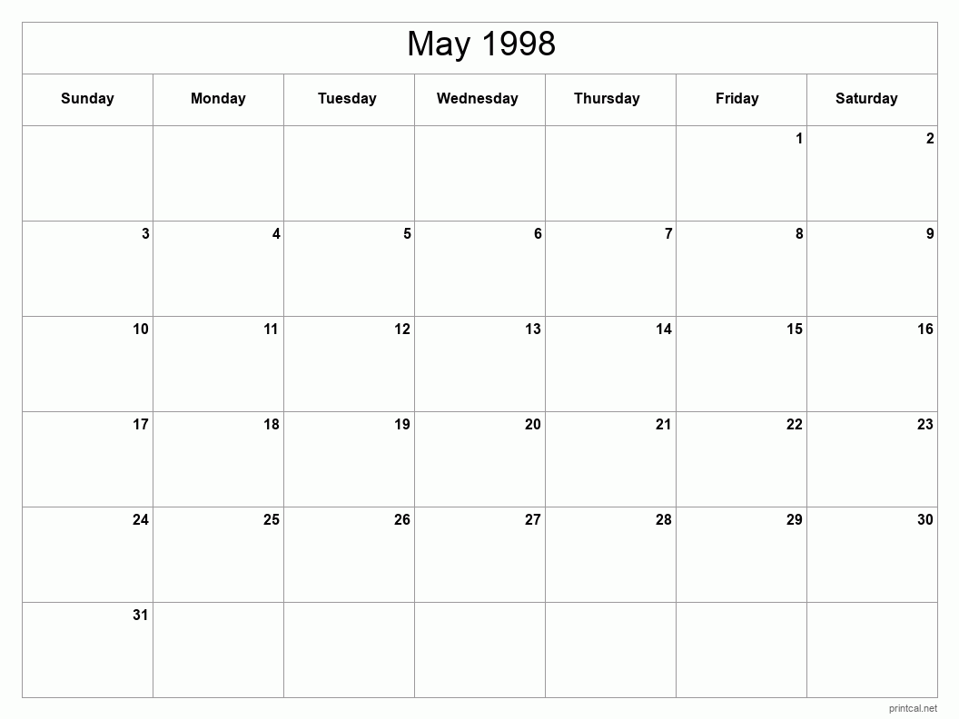 May 1998 Printable Calendar - Classic Blank Sheet