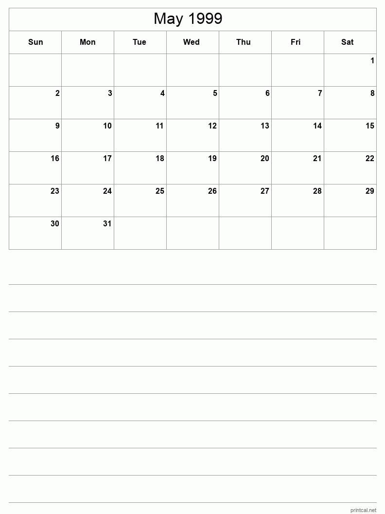 May 1999 Printable Calendar - Half-Page With Notesheet