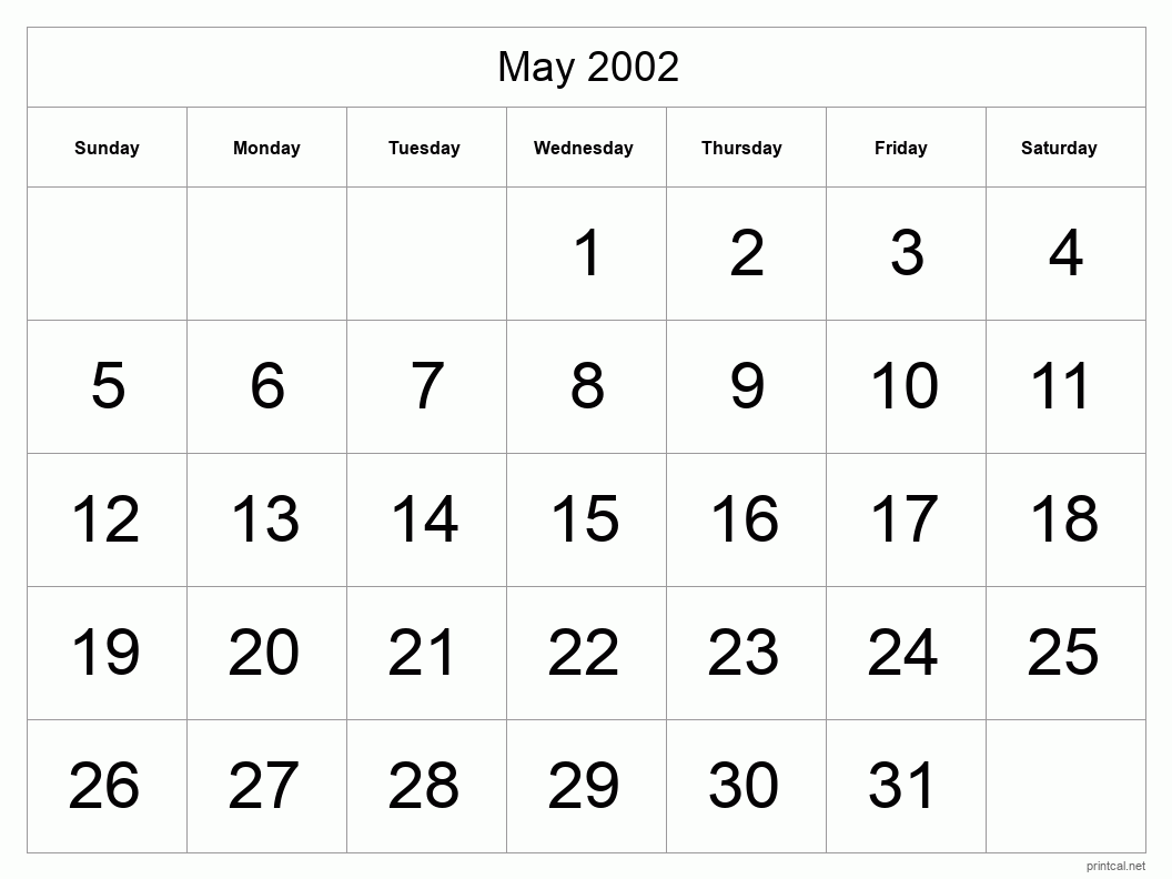 May 2002 Printable Calendar - Big Dates