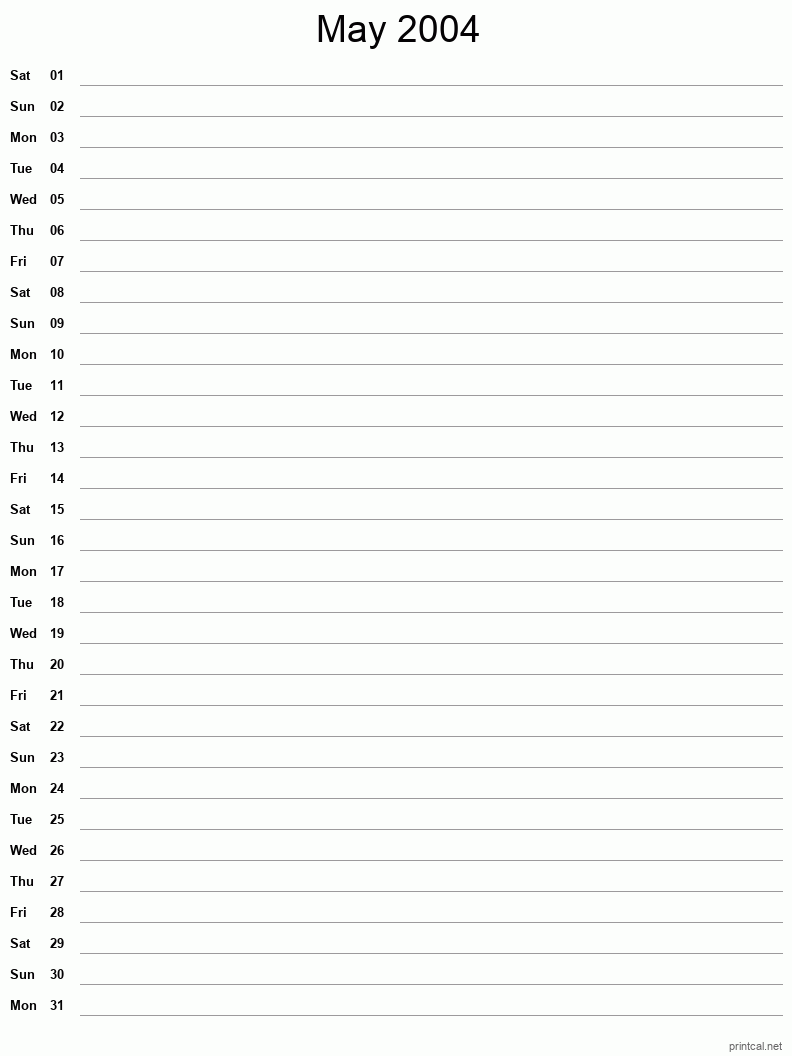 May 2004 Printable Calendar - Single Column Notesheet