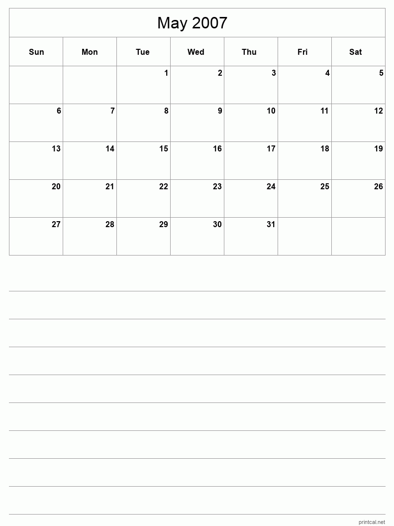 May 2007 Printable Calendar - Half-Page With Notesheet