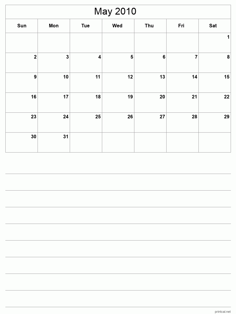 May 2010 Printable Calendar - Half-Page With Notesheet