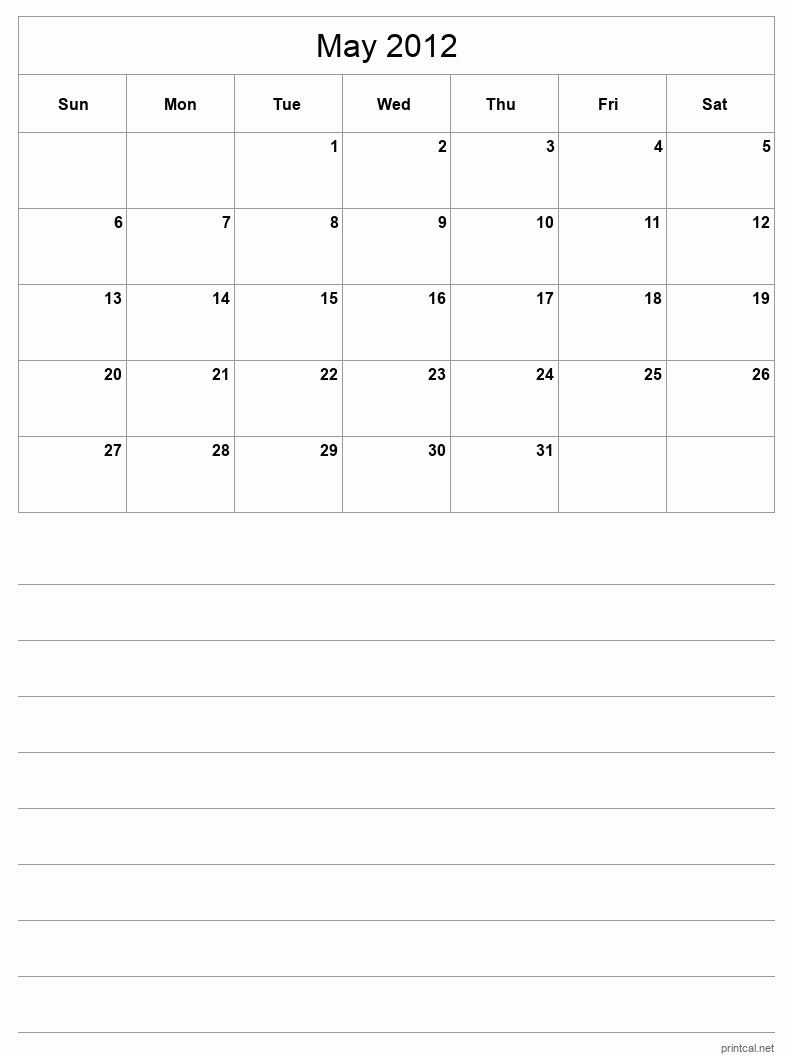 May 2012 Printable Calendar - Half-Page With Notesheet