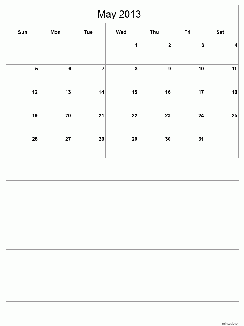 May 2013 Printable Calendar - Half-Page With Notesheet