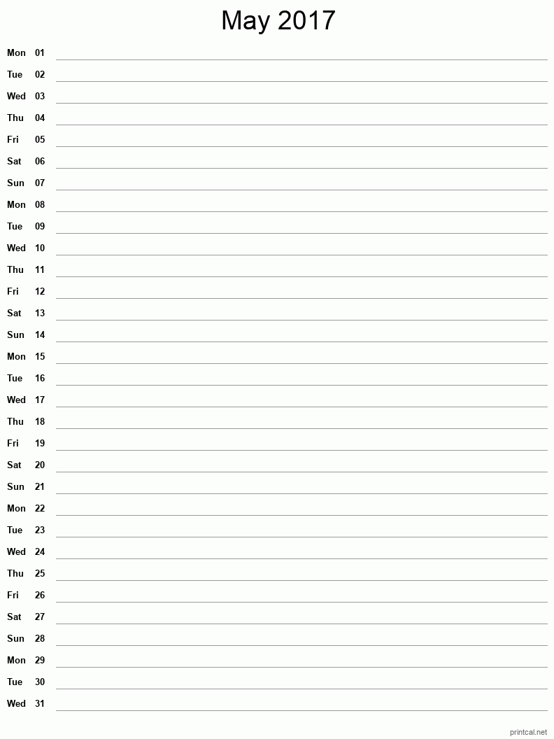May 2017 Printable Calendar - Single Column Notesheet