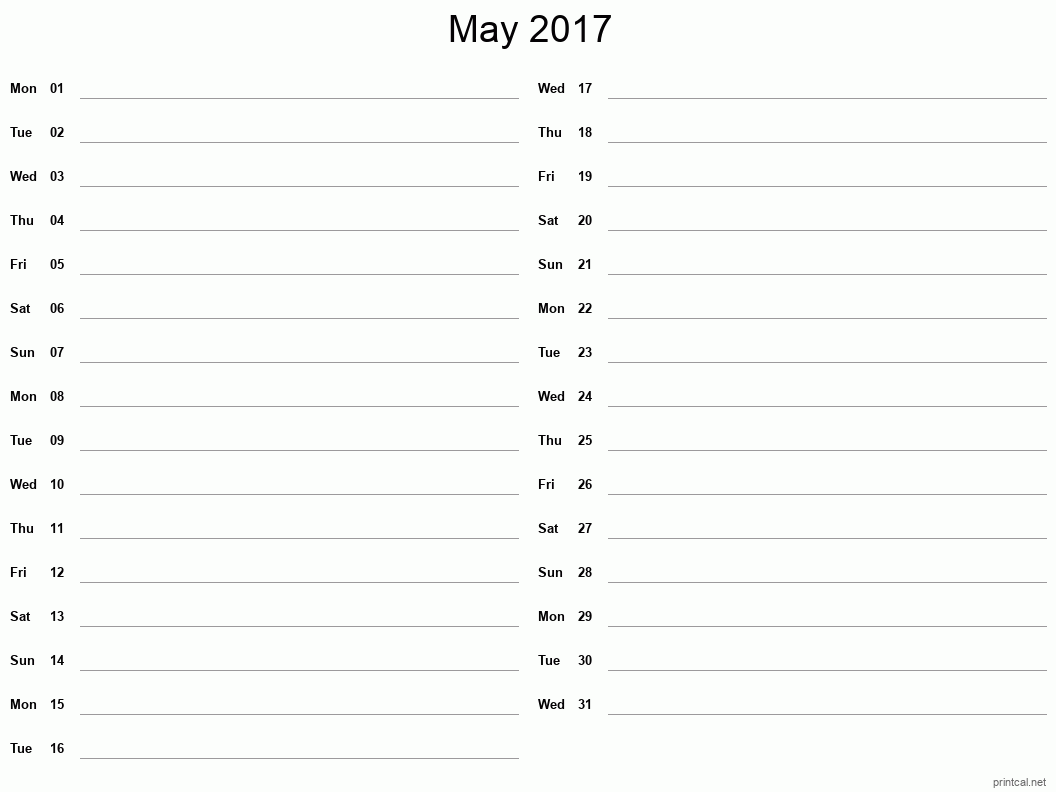 May 2017 Printable Calendar - Two Column Notesheet
