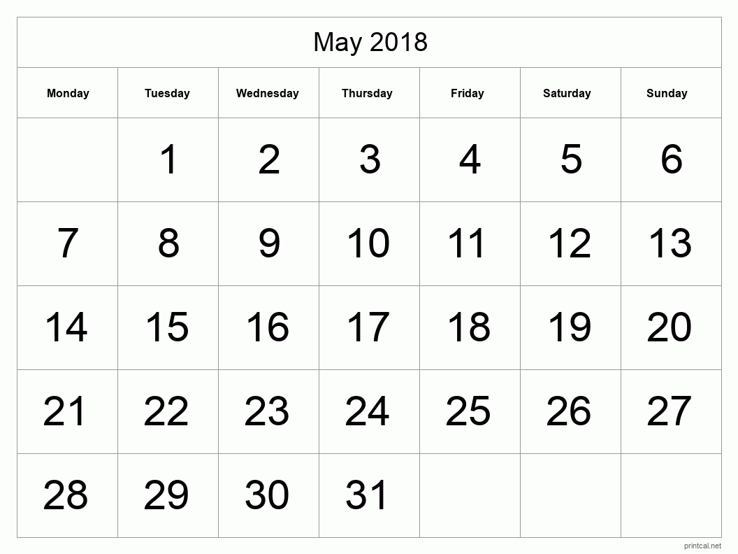 May 2018 Printable Calendar - Big Dates