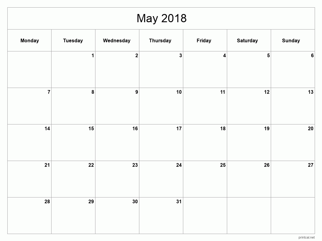 May 2018 Printable Calendar - Classic Blank Sheet