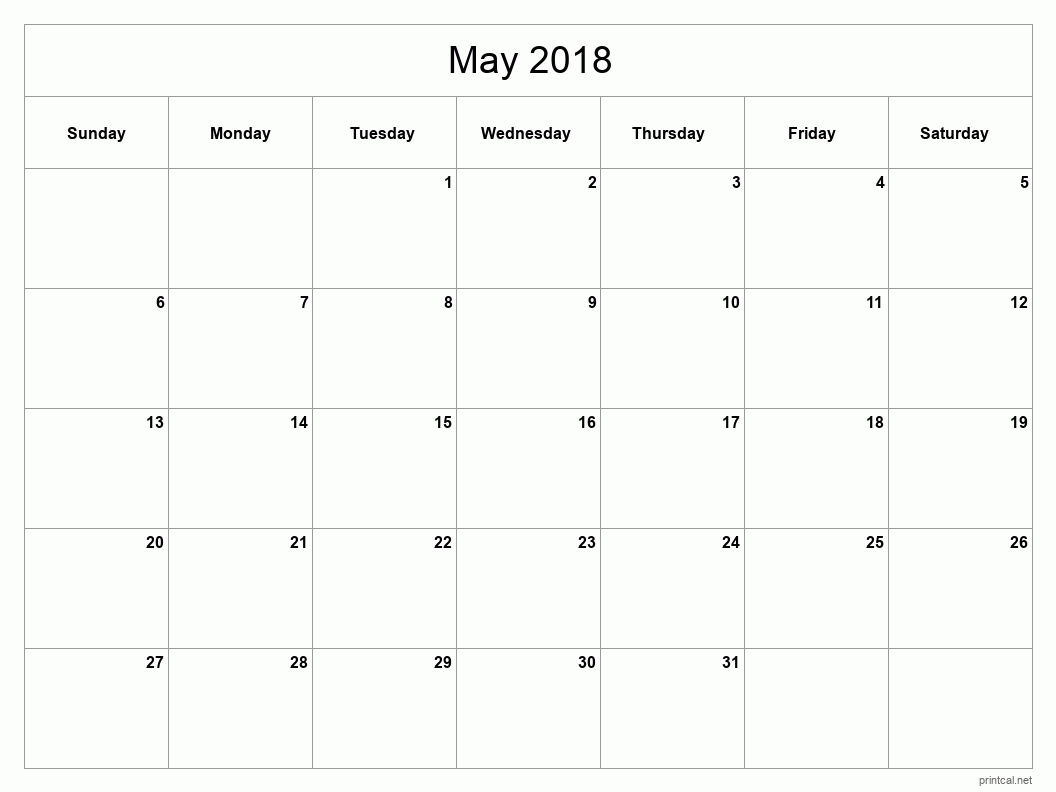 May 2018 Printable Calendar - Classic Blank Sheet