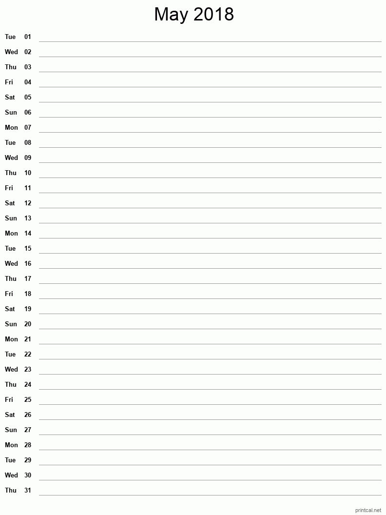 May 2018 Printable Calendar - Single Column Notesheet