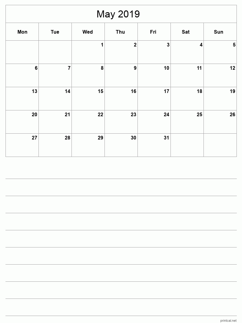 May 2019 Printable Calendar - Half-Page With Notesheet